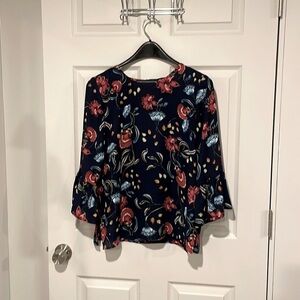 Finn & Grace Navy Floral Blouse Size S Boho Peasant Top